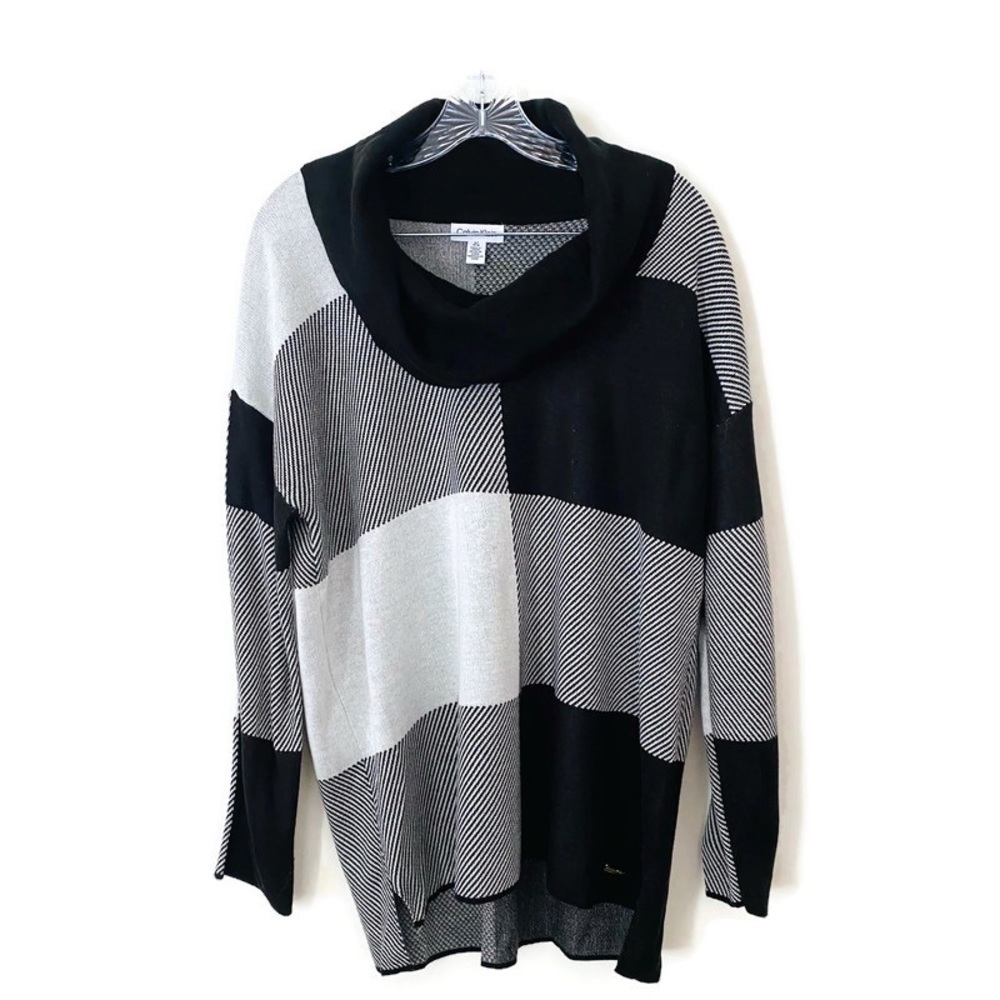 Calvin Klein Black/White/Grey Window Pane Cowl Neck Long Sleeved Sweater Size L